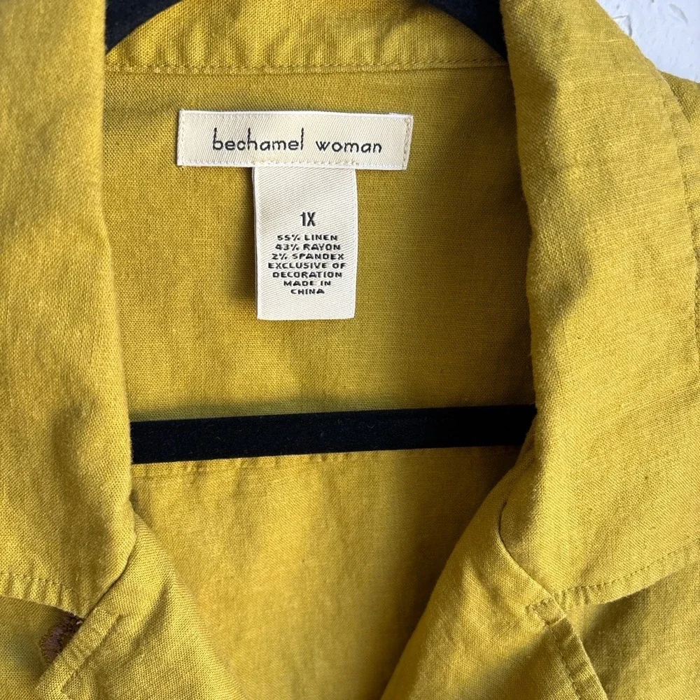 Womens 1X Shirt Mustard Yellow 90s Vintage Linen Blend Collar Embroidered Short - Picture 2 of 6